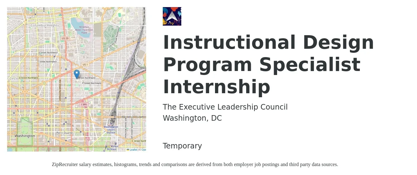The Executive Leadership Council job posting for a Instructional Design Program Specialist Internship in Washington, DC with a salary of $20 Hourly with a map of Washington location.