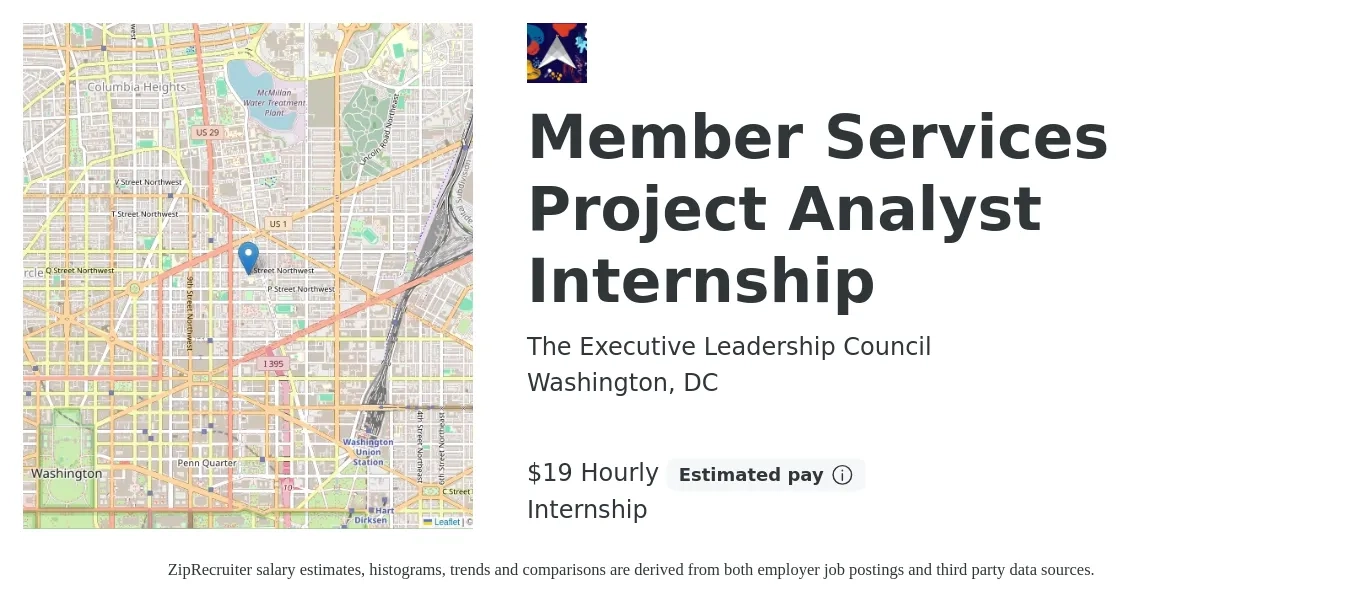 The Executive Leadership Council job posting for a Member Services Project Analyst Internship in Washington, DC with a salary of $20 Hourly with a map of Washington location.