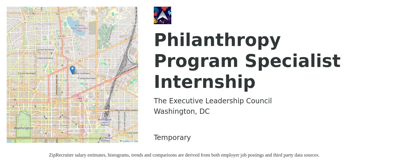 The Executive Leadership Council job posting for a Philanthropy Program Specialist Internship in Washington, DC with a salary of $20 Hourly with a map of Washington location.