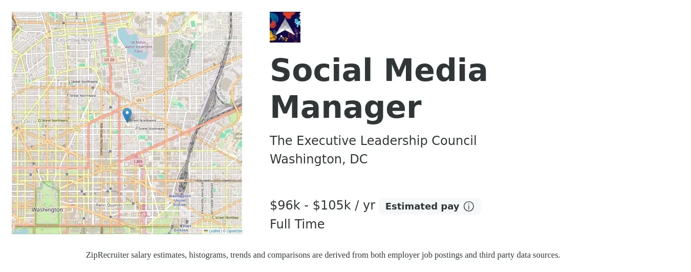 The Executive Leadership Council job posting for a Social Media Manager in Washington, DC with a salary of $96,000 to $105,000 Yearly with a map of Washington location.