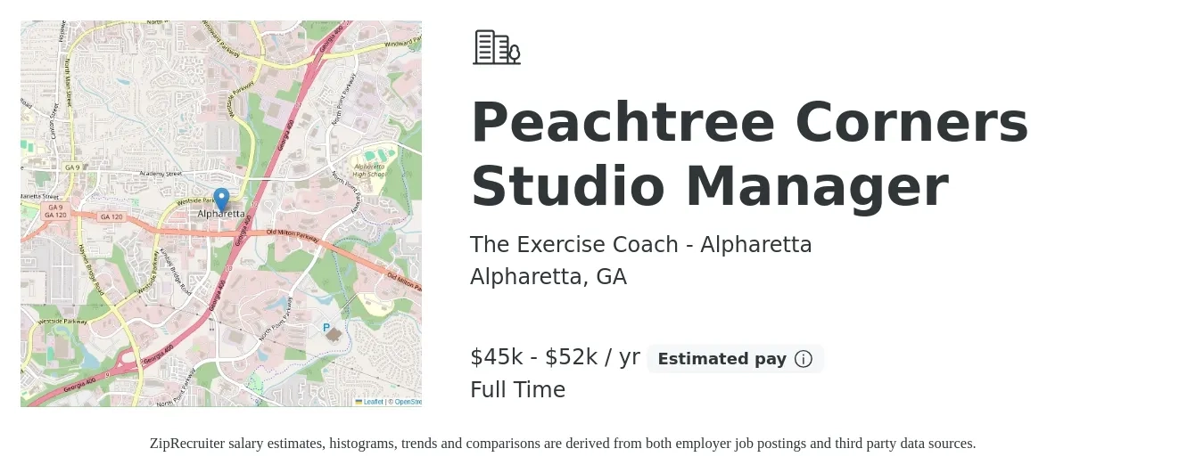The Exercise Coach - Alpharetta job posting for a Peachtree Corners Studio Manager in Alpharetta, GA with a salary of $45,000 to $52,000 Yearly with a map of Alpharetta location.