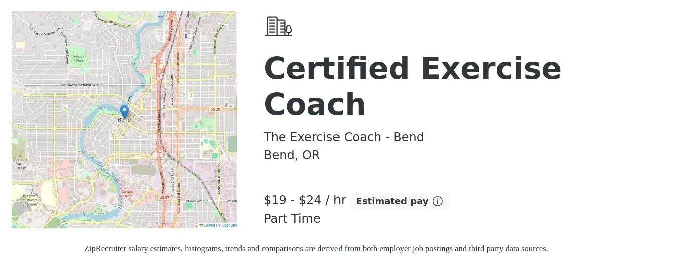 The Exercise Coach - Bend job posting for a Certified Exercise Coach in Bend, OR with a salary of $20 to $25 Hourly with a map of Bend location.