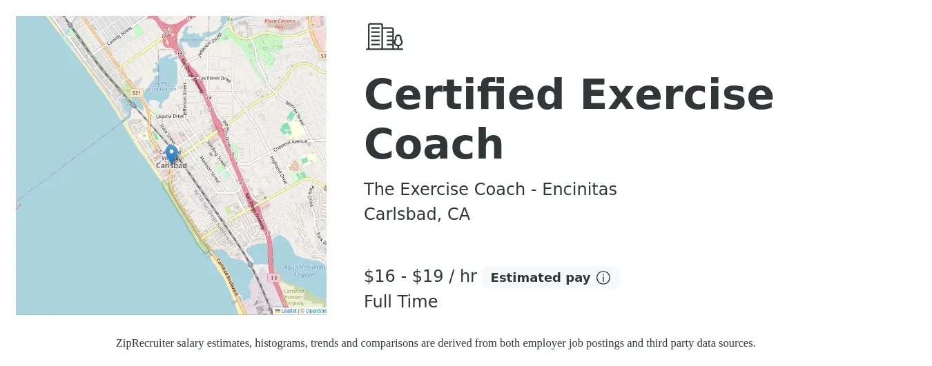 The Exercise Coach - Encinitas job posting for a Certified Exercise Coach in Carlsbad, CA with a salary of $17 to $20 Hourly with a map of Carlsbad location.