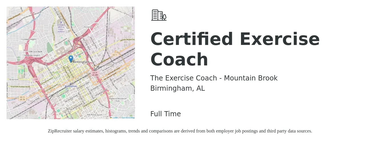 The Exercise Coach - Mountain Brook job posting for a Certified Exercise Coach in Birmingham, AL with a salary of $18 Hourly with a map of Birmingham location.