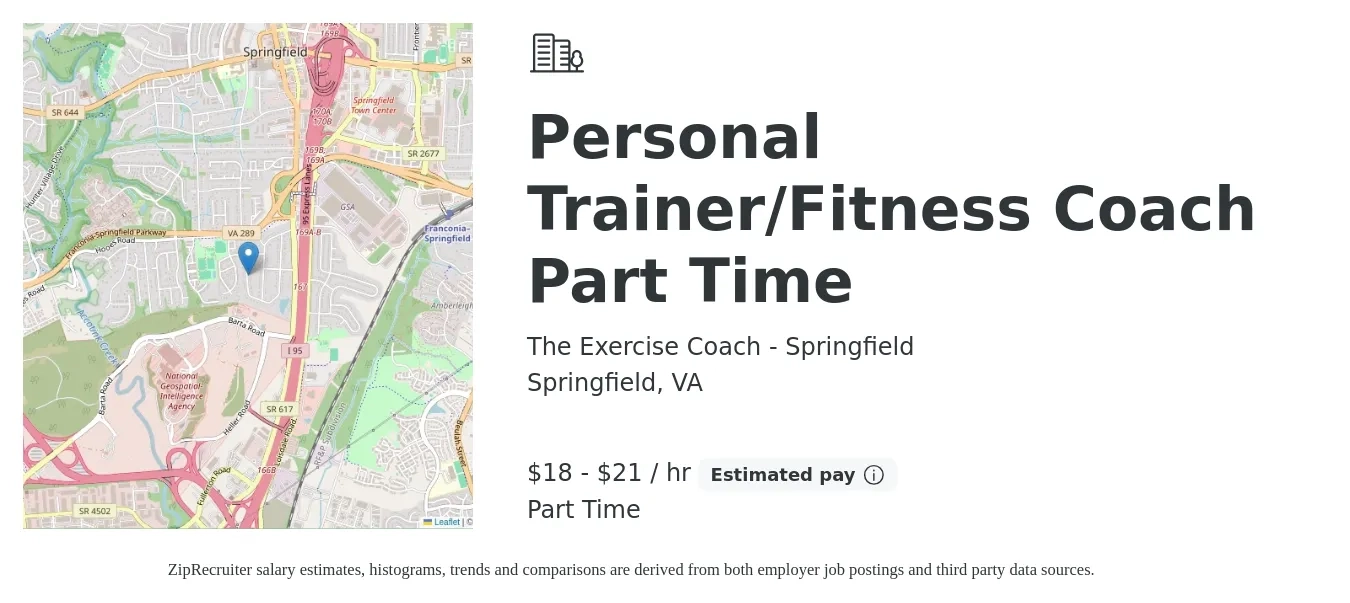 The Exercise Coach - Springfield job posting for a Personal Trainer/Fitness Coach Part Time in Springfield, VA with a salary of $19 to $22 Hourly with a map of Springfield location.