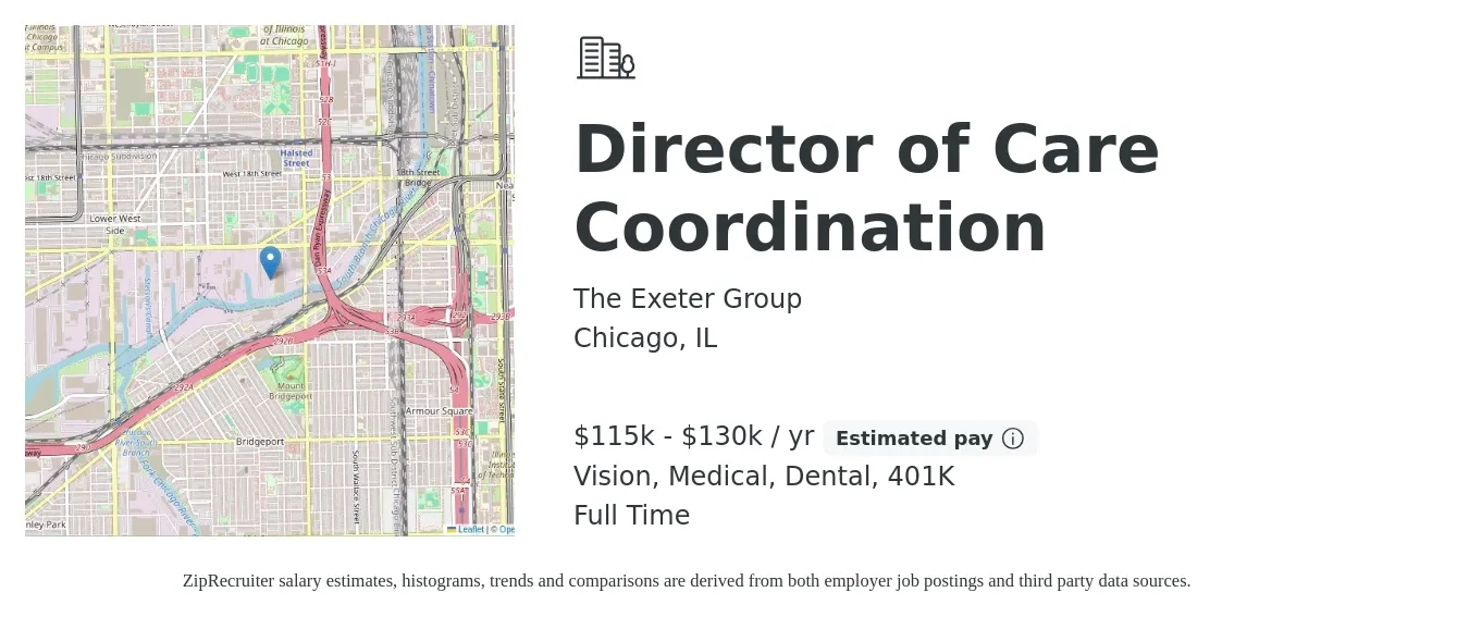 The Exeter Group job posting for a Director of Care Coordination in Chicago, IL with a salary of $115,000 to $130,000 Yearly and benefits including 401k, dental, life_insurance, medical, and vision with a map of Chicago location.