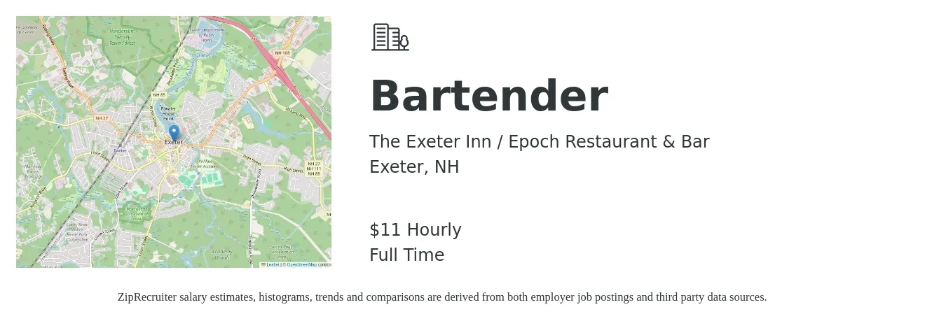 The Exeter Inn / Epoch Restaurant & Bar job posting for a Bartender in Exeter, NH with a salary of $12 Hourly with a map of Exeter location.