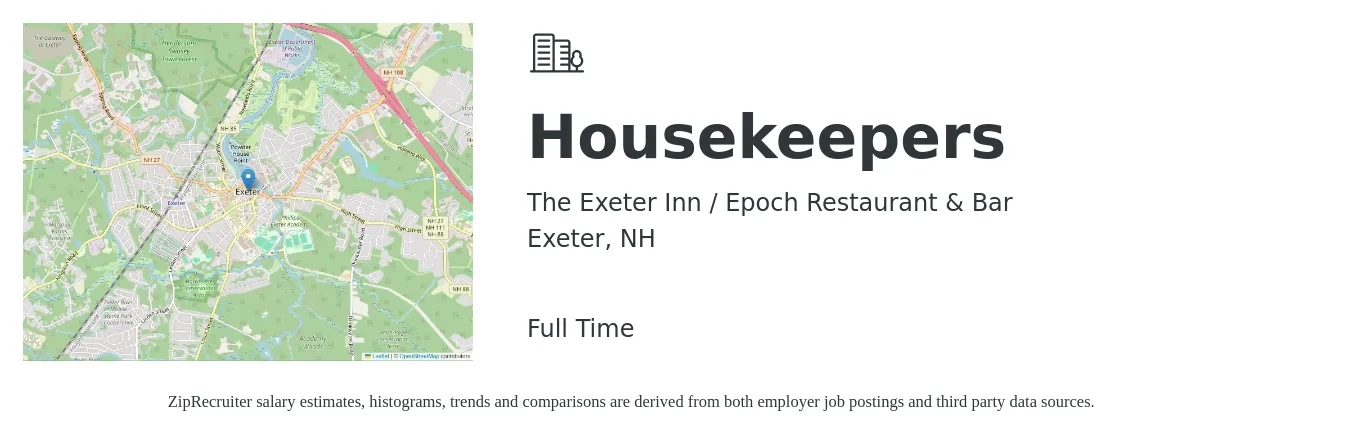 The Exeter Inn / Epoch Restaurant & Bar job posting for a Housekeepers in Exeter, NH with a salary of $14 to $18 Hourly with a map of Exeter location.