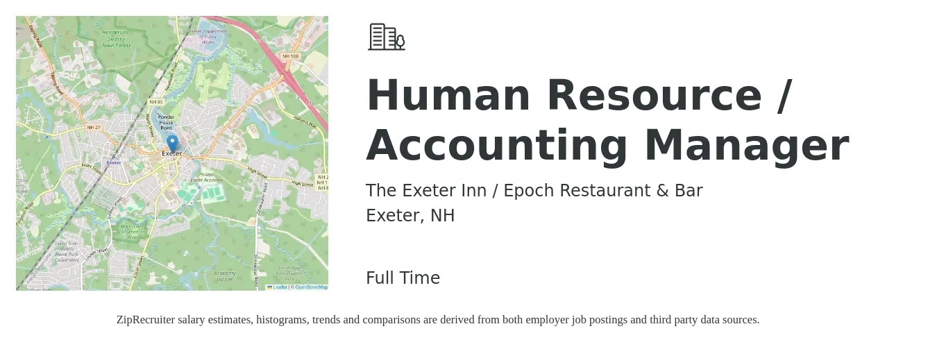The Exeter Inn / Epoch Restaurant & Bar job posting for a Human Resource / Accounting Manager in Exeter, NH with a salary of $70,200 to $101,800 Yearly with a map of Exeter location.