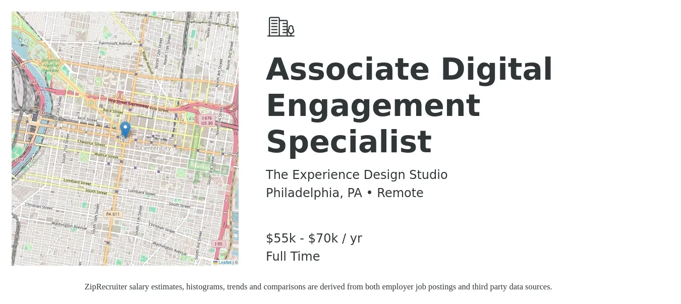 The Experience Design Studio job posting for a Associate Digital Engagement Specialist in Philadelphia, PA with a salary of $55,000 to $70,000 Yearly with a map of Philadelphia location.