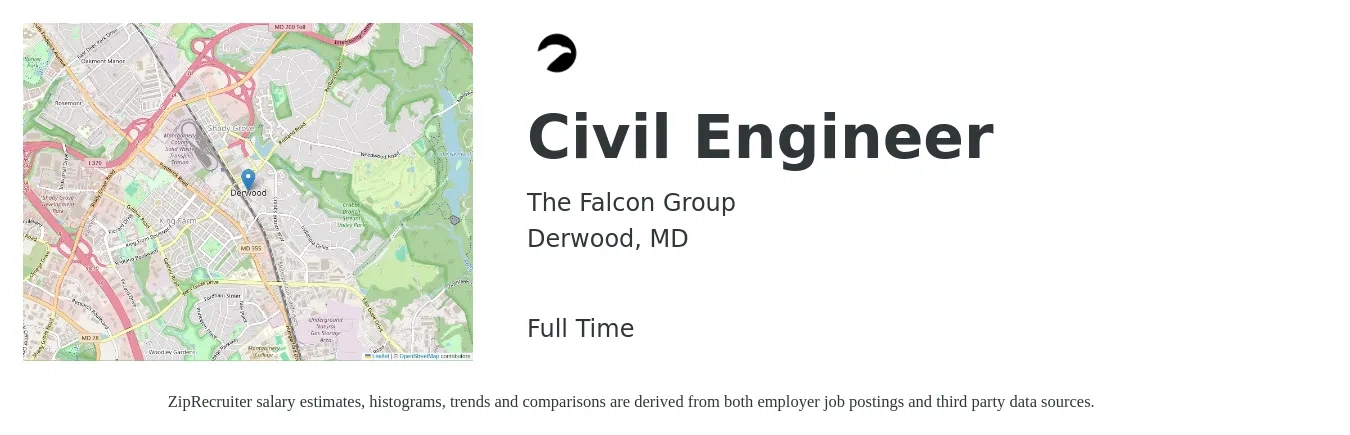 The Falcon Group job posting for a Civil Engineer in Derwood, MD with a salary of $70,700 to $103,200 Yearly with a map of Derwood location.