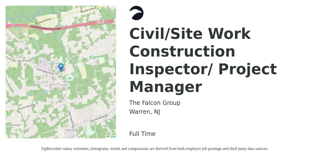 The Falcon Group job posting for a Civil/Site Work Construction Inspector/ Project Manager in Warren, NJ with a salary of $77,500 to $123,000 Yearly with a map of Warren location.