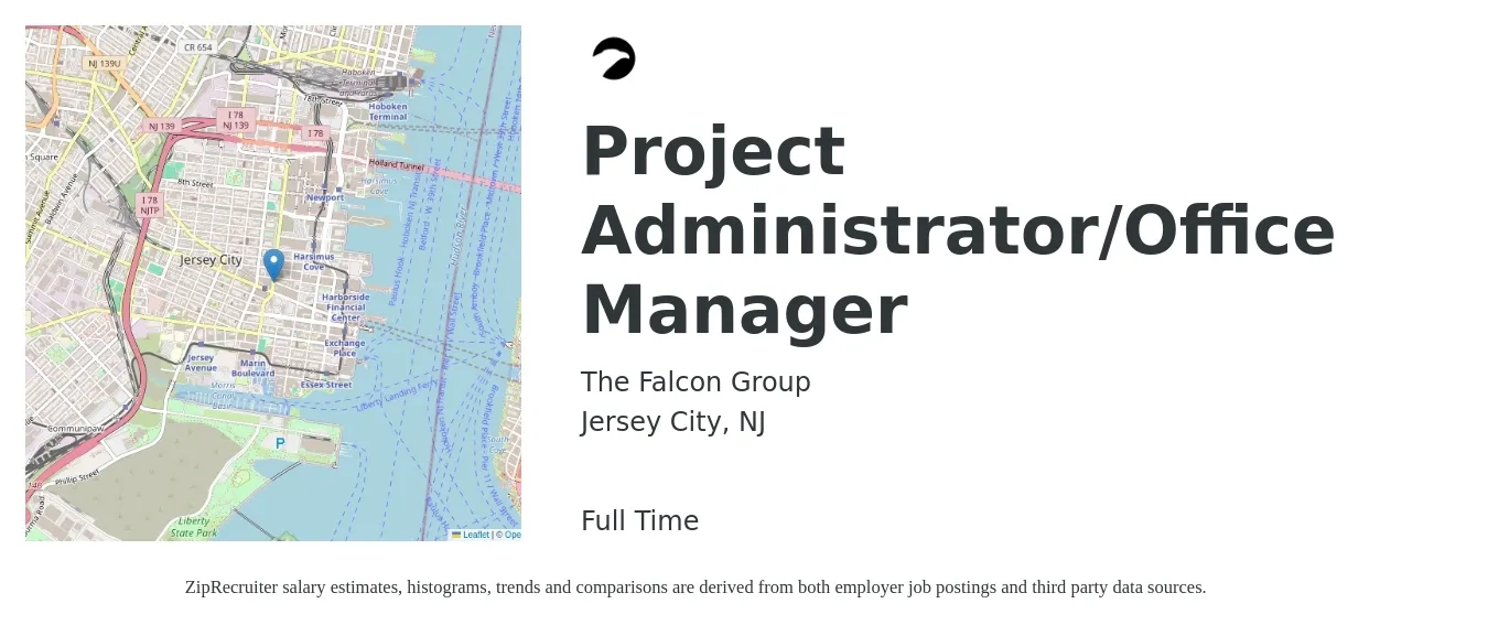 The Falcon Group job posting for a Project Administrator/Office Manager in Jersey City, NJ with a salary of $20 to $27 Hourly with a map of Jersey City location.