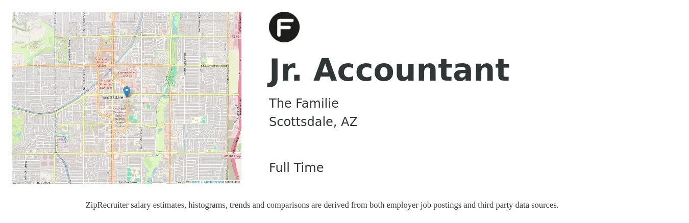The Familie job posting for a Jr. Accountant in Scottsdale, AZ with a salary of $47,900 to $60,400 Yearly with a map of Scottsdale location.
