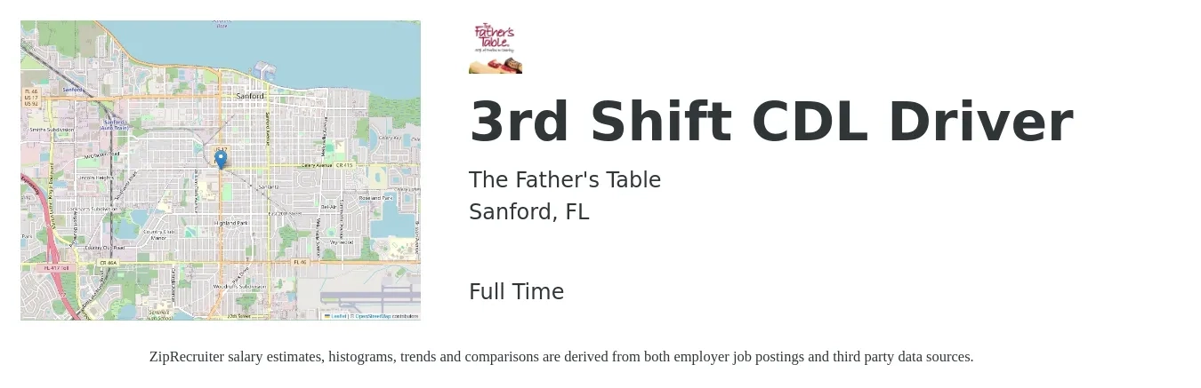 The Father's Table job posting for a 3rd Shift CDL Driver in Sanford, FL with a salary of $26 Hourly with a map of Sanford location.