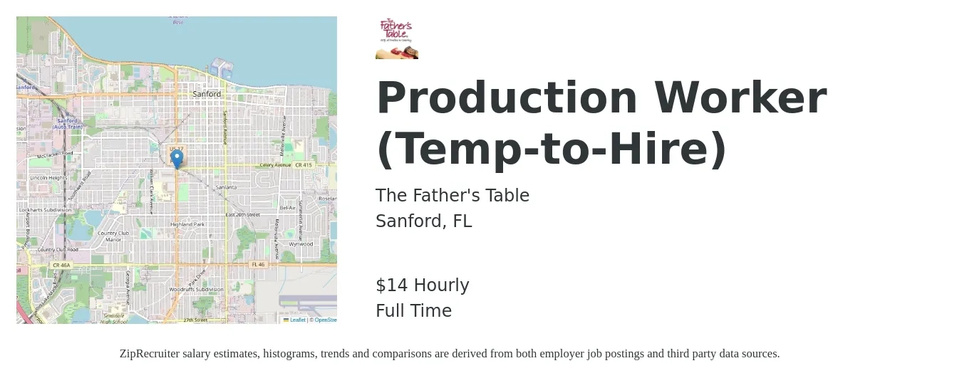 The Father's Table job posting for a Production Worker (Temp-to-Hire) in Sanford, FL with a salary of $15 Hourly with a map of Sanford location.