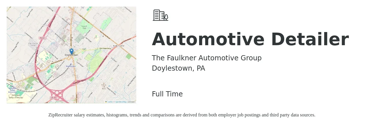The Faulkner Automotive Group job posting for a Automotive Detailer in Doylestown, PA with a salary of $15 to $18 Hourly with a map of Doylestown location.