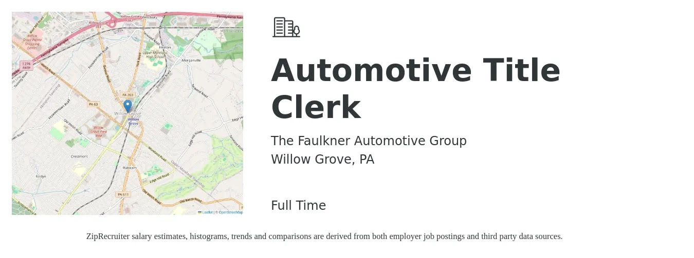 The Faulkner Automotive Group job posting for a Automotive Title Clerk in Willow Grove, PA with a salary of $22 to $28 Hourly with a map of Willow Grove location.