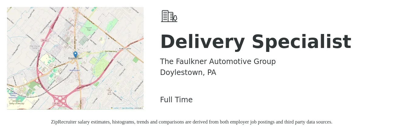 The Faulkner Automotive Group job posting for a Delivery Specialist in Doylestown, PA with a salary of $15 to $22 Hourly with a map of Doylestown location.