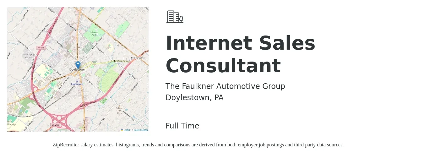 The Faulkner Automotive Group job posting for a Internet Sales Consultant in Doylestown, PA with a salary of $16 to $23 Hourly with a map of Doylestown location.