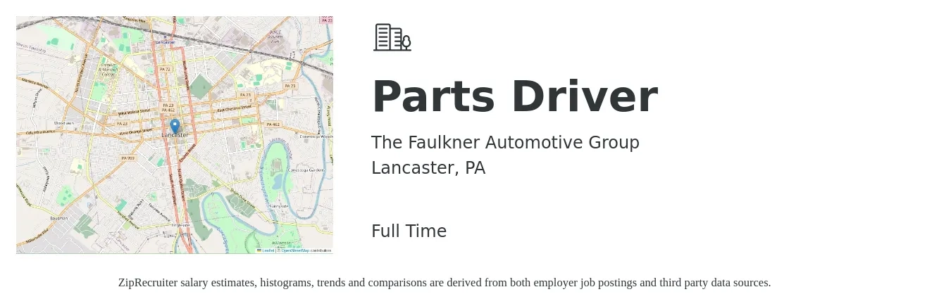 The Faulkner Automotive Group job posting for a Parts Driver in Lancaster, PA with a salary of $15 to $19 Hourly with a map of Lancaster location.
