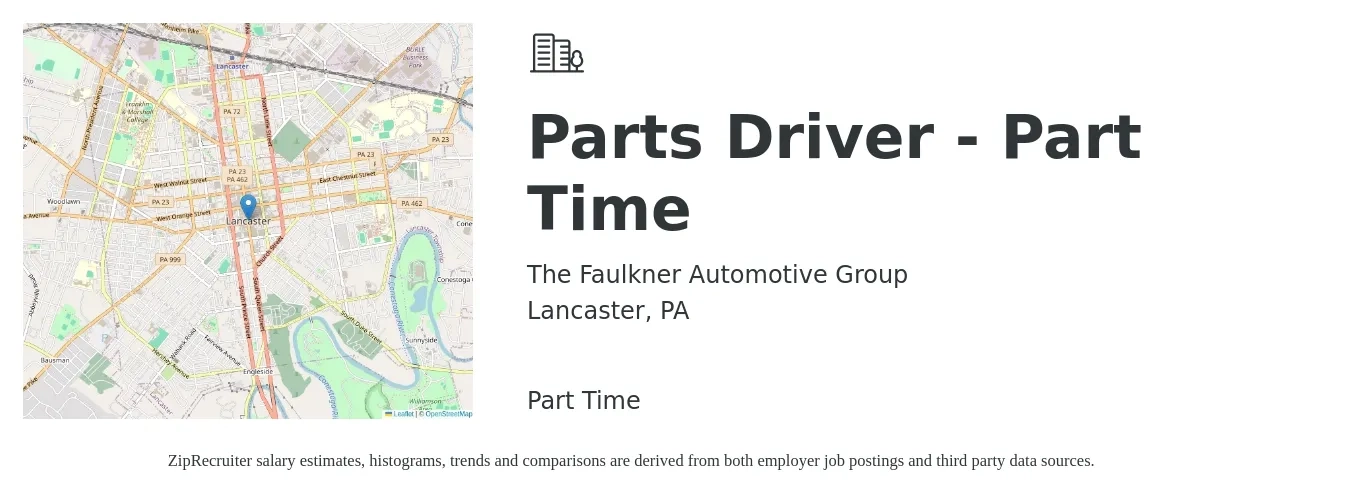 The Faulkner Automotive Group job posting for a Parts Driver - Part Time in Lancaster, PA with a salary of $15 to $19 Hourly with a map of Lancaster location.