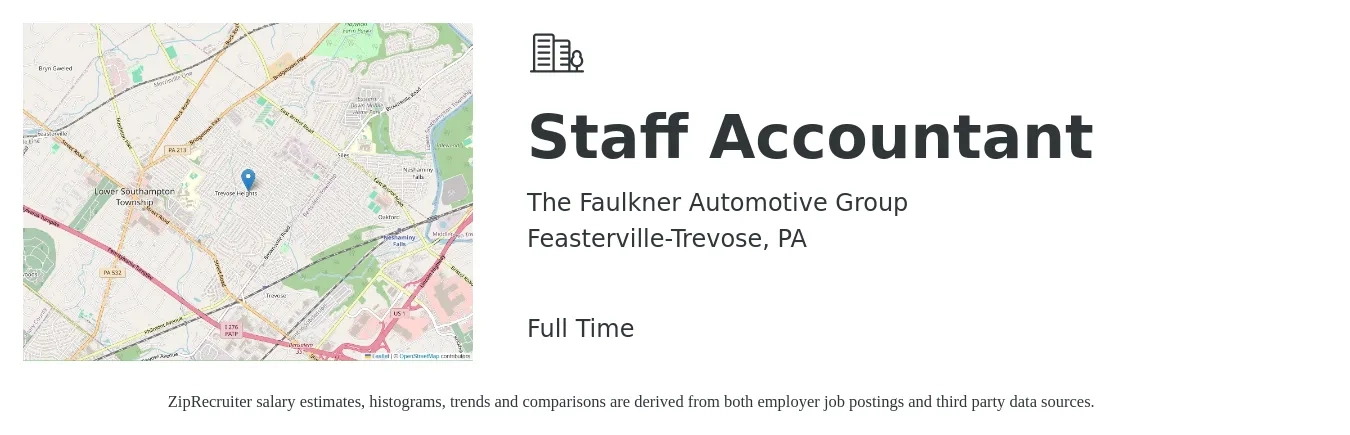 The Faulkner Automotive Group job posting for a Staff Accountant in Feasterville-Trevose, PA with a salary of $51,700 to $68,200 Yearly with a map of Feasterville-Trevose location.