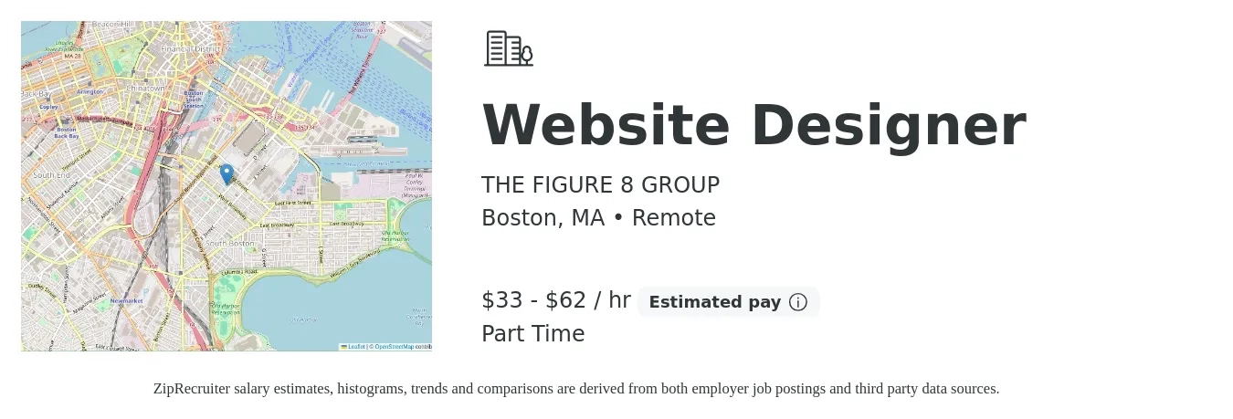 THE FIGURE 8 GROUP job posting for a Website Designer in Boston, MA with a salary of $35 to $65 Hourly (plus commission) and benefits including pto with a map of Boston location.