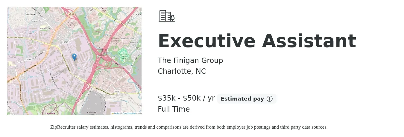 The Finigan Group job posting for a Executive Assistant in Charlotte, NC with a salary of $35,000 to $50,000 Yearly with a map of Charlotte location.