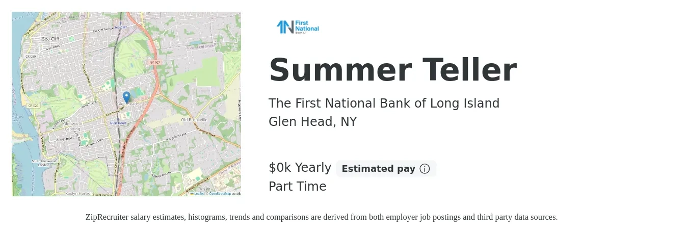 The First National Bank of Long Island job posting for a Summer Teller in Glen Head, NY with a salary of $20 Yearly with a map of Glen Head location.
