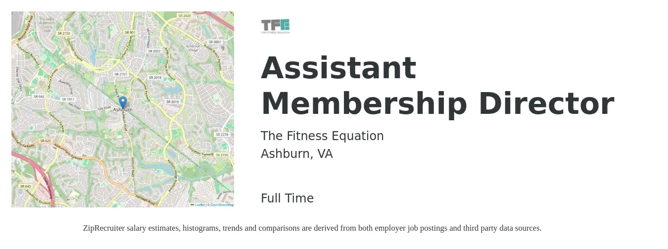 The Fitness Equation job posting for a Assistant Membership Director in Ashburn, VA with a salary of $45,500 to $91,500 Yearly with a map of Ashburn location.