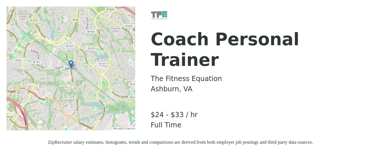 The Fitness Equation job posting for a Coach Personal Trainer in Ashburn, VA with a salary of $25 to $35 Hourly with a map of Ashburn location.