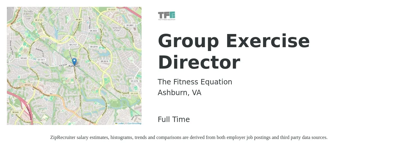 The Fitness Equation job posting for a Group Exercise Director in Ashburn, VA with a salary of $47,600 to $66,500 Yearly with a map of Ashburn location.