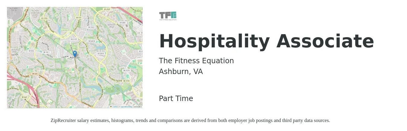 The Fitness Equation job posting for a Hospitality Associate in Ashburn, VA with a salary of $15 to $21 Hourly with a map of Ashburn location.