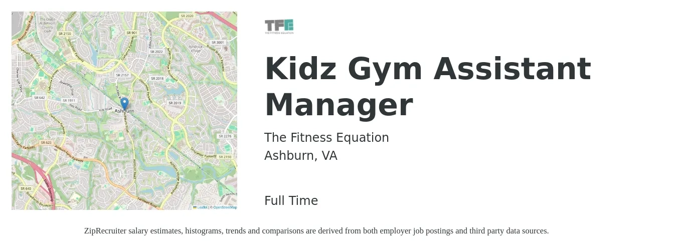 The Fitness Equation job posting for a Kidz Gym Assistant Manager in Ashburn, VA with a map of Ashburn location.