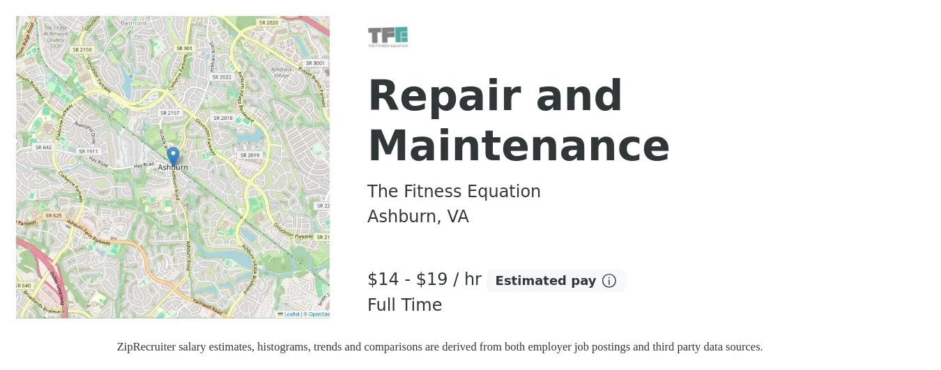 The Fitness Equation job posting for a Repair and Maintenance in Ashburn, VA with a salary of $15 to $20 Hourly with a map of Ashburn location.