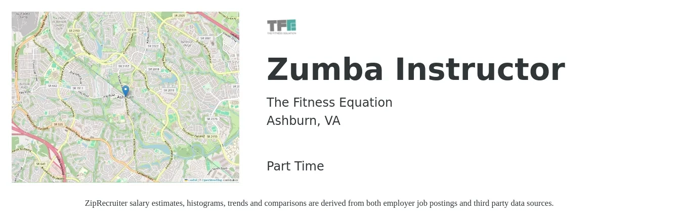 The Fitness Equation job posting for a Zumba Instructor in Ashburn, VA with a salary of $18 to $34 Hourly with a map of Ashburn location.