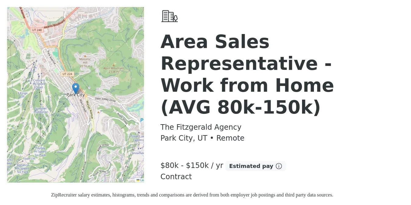 The Fitzgerald Agency job posting for a Area Sales Representative - Work from Home (AVG 80k-150k) in Park City, UT with a salary of $80,000 to $150,000 Yearly with a map of Park City location.