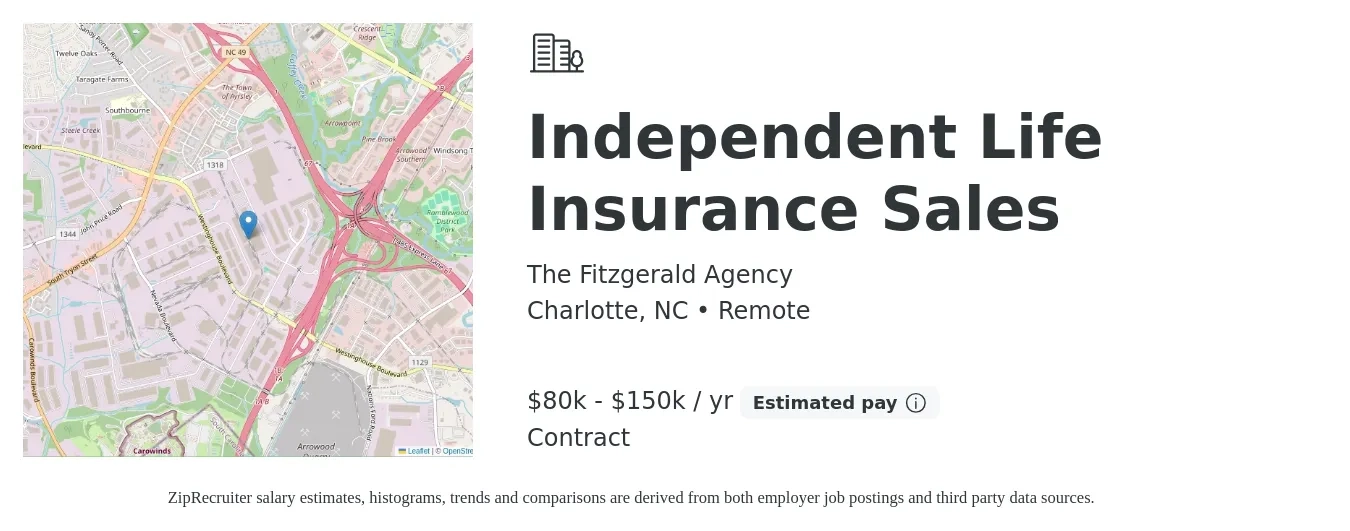 The Fitzgerald Agency job posting for a Independent Life Insurance Sales in Charlotte, NC with a salary of $80,000 to $150,000 Yearly with a map of Charlotte location.