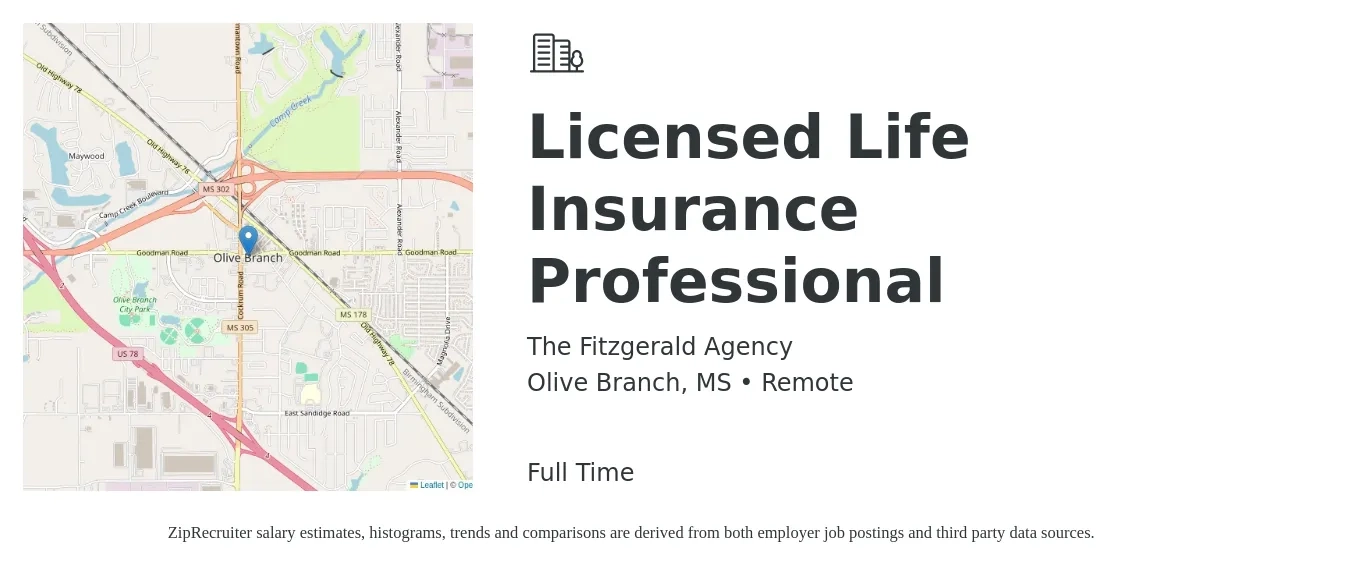 The Fitzgerald Agency job posting for a Licensed Life Insurance Professional in Olive Branch, MS with a salary of $80,000 to $250,000 Yearly with a map of Olive Branch location.