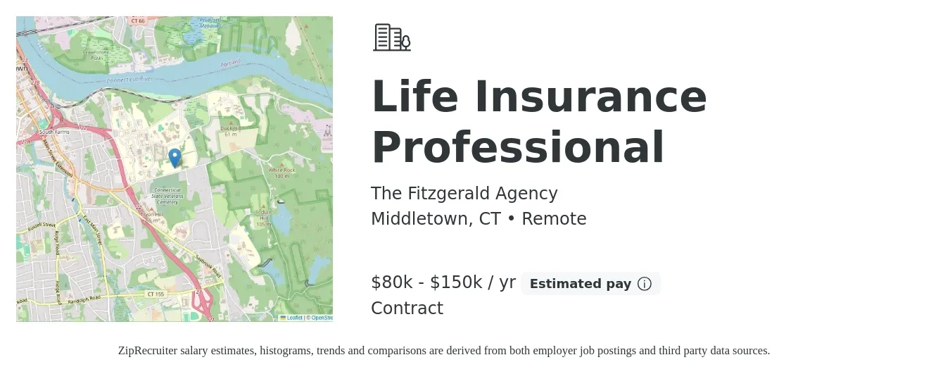 The Fitzgerald Agency job posting for a Life Insurance Professional in Middletown, CT with a salary of $80,000 to $150,000 Yearly with a map of Middletown location.