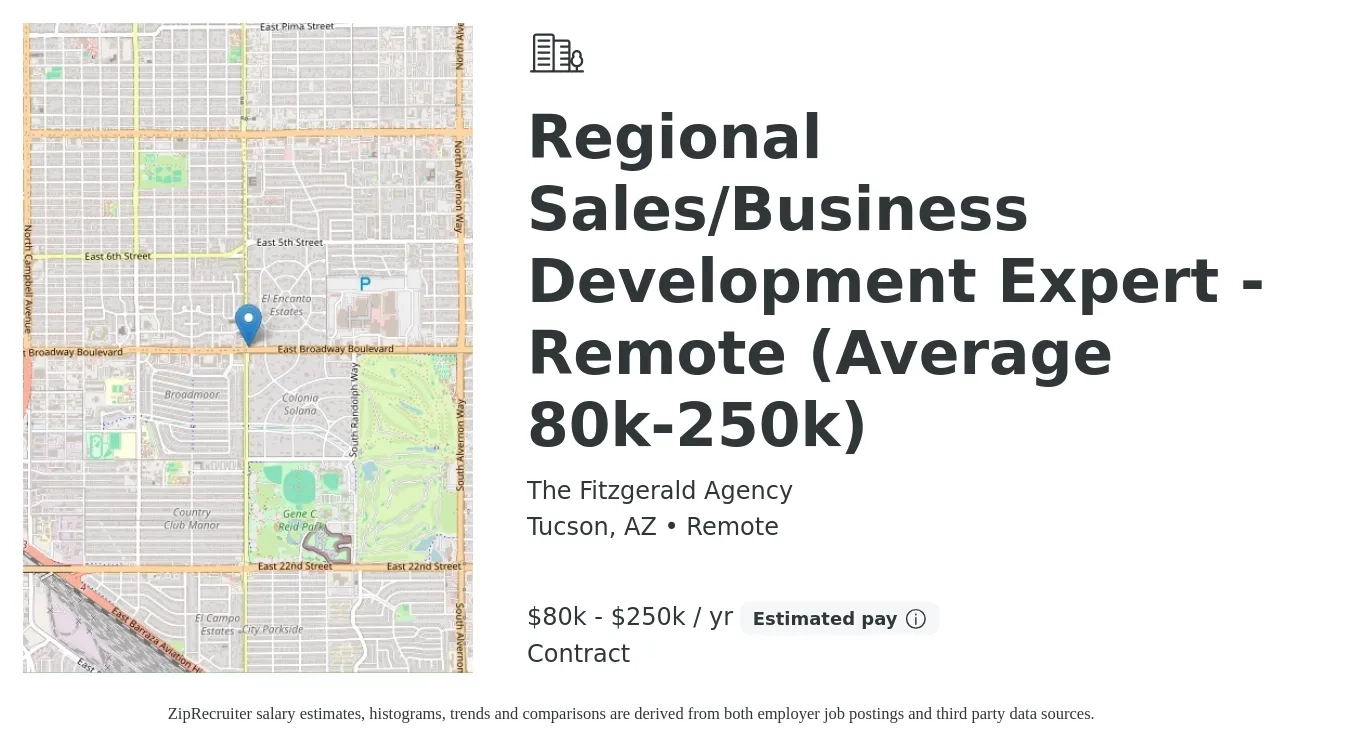 The Fitzgerald Agency job posting for a Regional Sales/Business Development Expert - Remote (Average 80k-250k) in Tucson, AZ with a salary of $80,000 to $250,000 Yearly with a map of Tucson location.