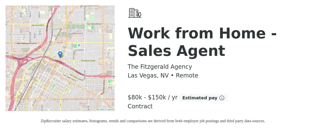 The Fitzgerald Agency job posting for a Work from Home - Sales Agent in Las Vegas, NV with a salary of $80,000 to $150,000 Yearly with a map of Las Vegas location.