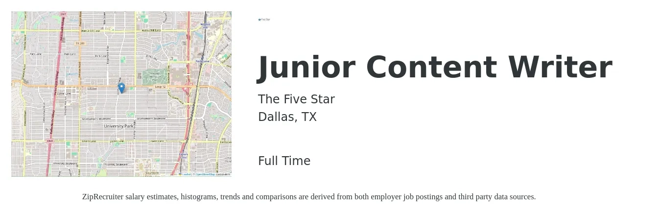 The Five Star job posting for a Junior Content Writer in Dallas, TX with a salary of $22 to $44 Hourly with a map of Dallas location.