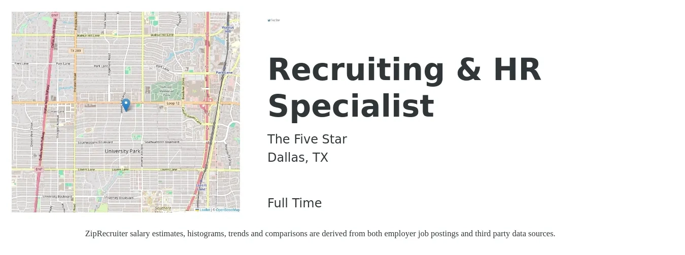 The Five Star job posting for a Recruiting & HR Specialist in Dallas, TX with a salary of $18 to $27 Hourly with a map of Dallas location.