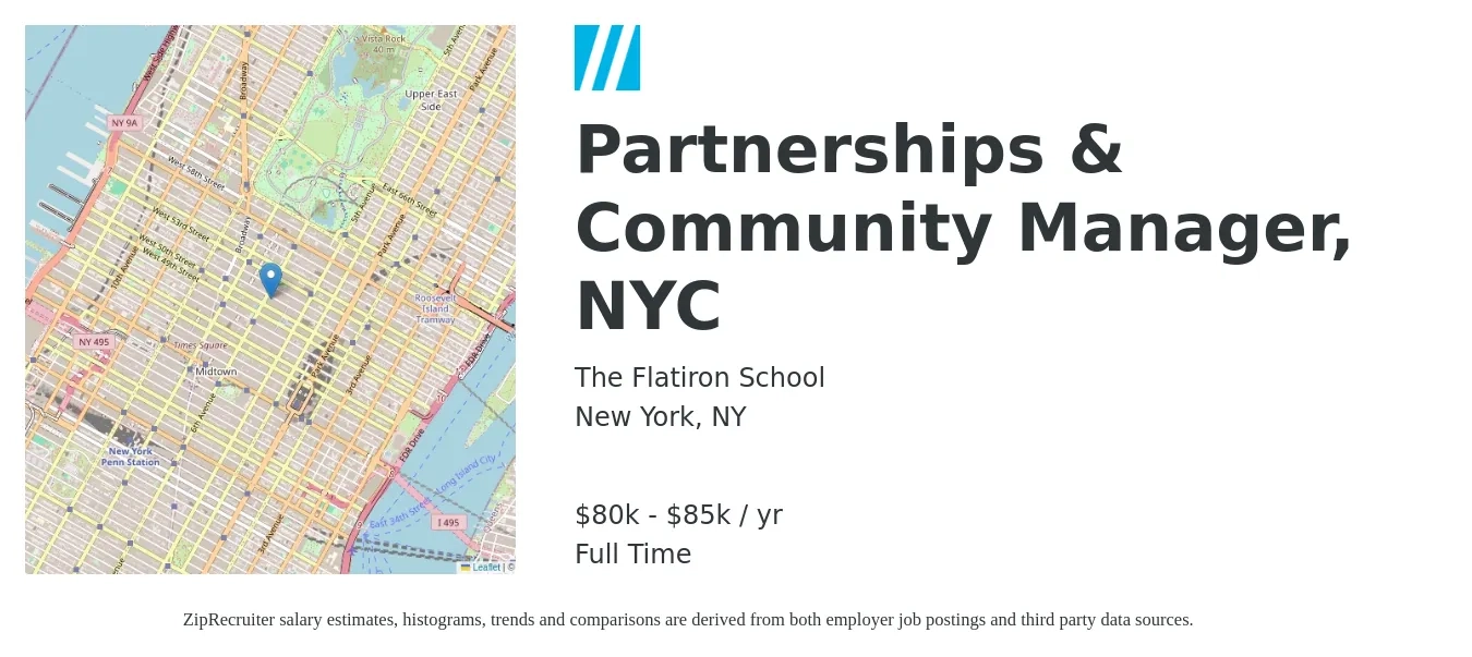 The Flatiron School job posting for a Partnerships & Community Manager, NYC in New York, NY with a salary of $80,000 to $85,000 Yearly with a map of New York location.