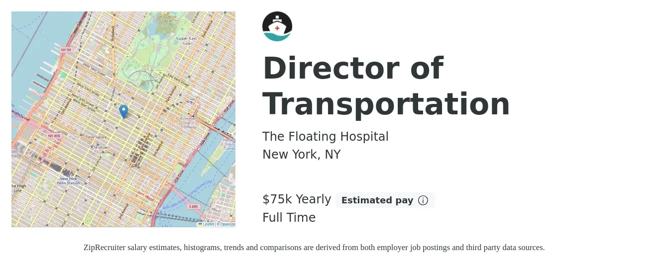 The Floating Hospital job posting for a Director of Transportation in New York, NY with a salary of $75,000 Yearly with a map of New York location.
