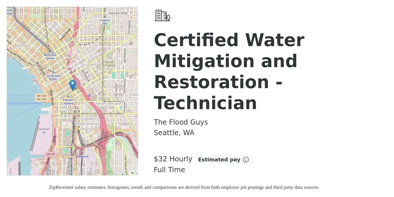 The Flood Guys job posting for a Certified Water Mitigation and Restoration - Technician in Seattle, WA with a salary of $34 Hourly with a map of Seattle location.