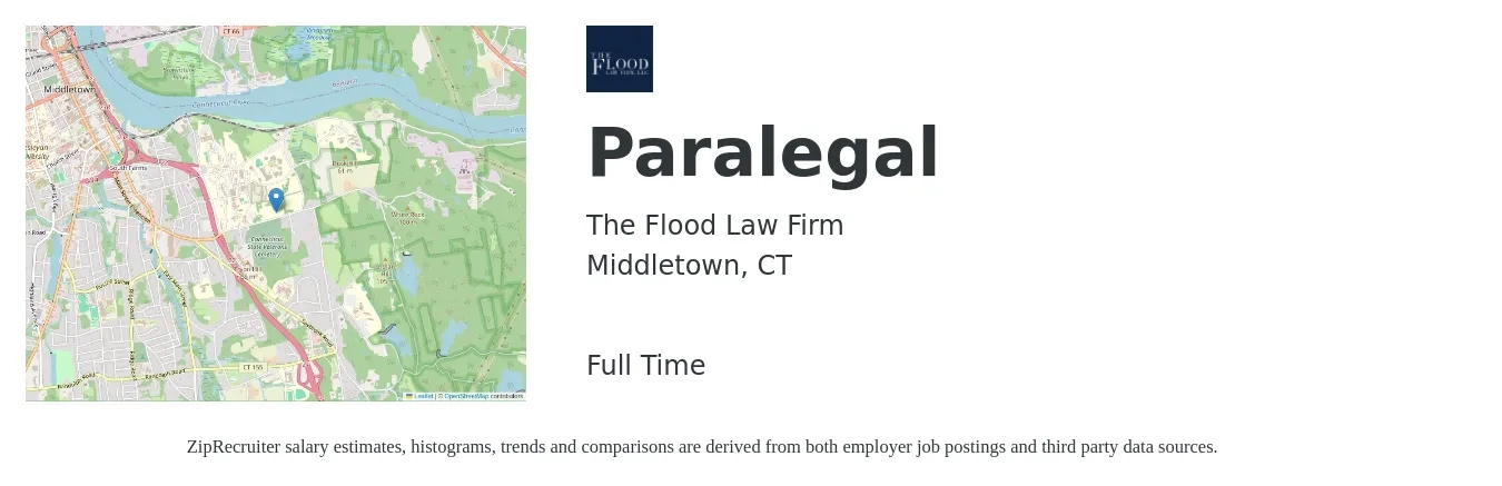 The Flood Law Firm job posting for a Paralegal in Middletown, CT with a salary of $48,600 to $69,400 Yearly with a map of Middletown location.