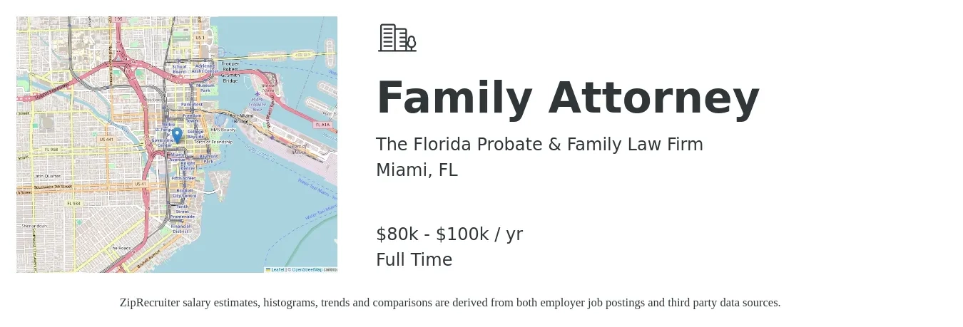 The Florida Probate & Family Law Firm job posting for a Family Attorney in Miami, FL with a salary of $80,000 to $100,000 Yearly with a map of Miami location.